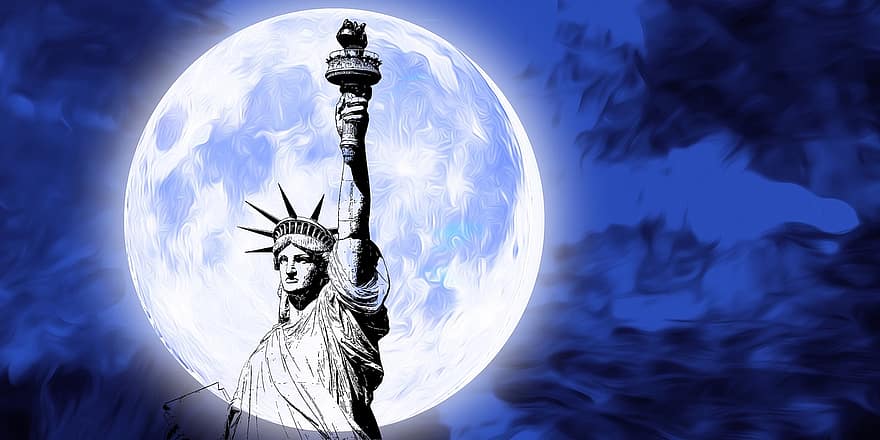 القمر ، تمثال دوم ، الولايات المتحدة الأمريكية ، أمريكا ، تمثال الحرية ، البدر ، ليل ، داكن ، المجرة ، نصب تذكاري ، مدينة
