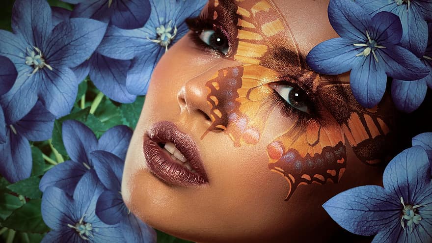 Frau, Blumen, Porträt, Gesicht, Schmetterling, bilden, Schönheit, Pflanzen, menschliches Gesicht, Nahansicht, Blau