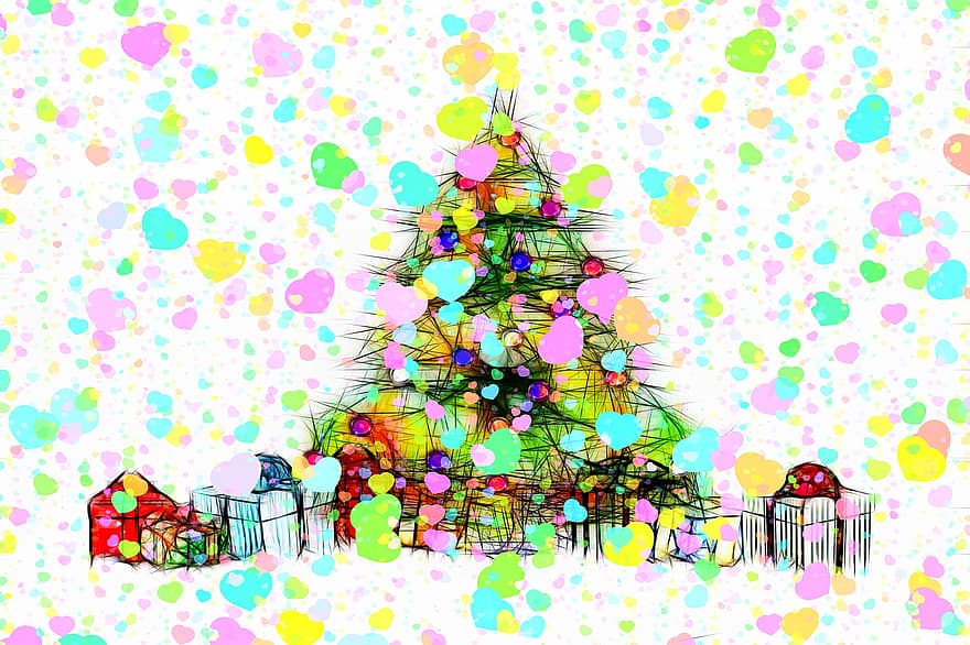 juletræ, gaver, hjerter, jul, helligdage, festlig, tegning, abstrakt, Julekort