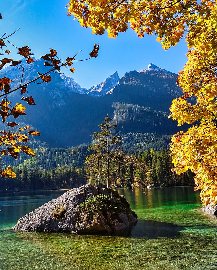 湖、山岳、秋、アルプス、水、葉、木、森林、自然、風景、風光明媚な