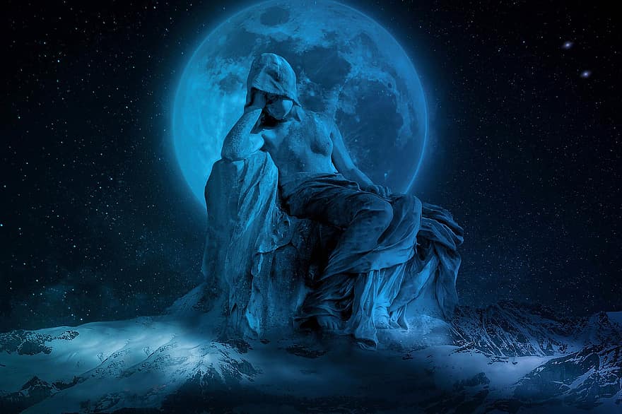 ay, Evren, heykel, uzay, gece gökyüzü, Ay ışığı, astronomi, Dolunay, ışık, buzdağları, fantezi