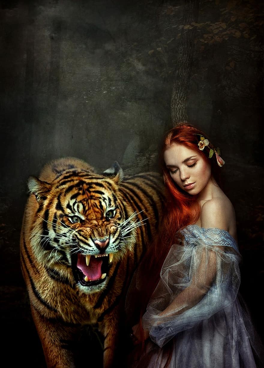 महिला, बाघ, आतंक, रहस्य, बुरा सपना, भयानक, भूत, डरावने, डरावना, भयावह