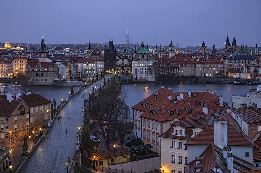 Town, Downtown, Europe, Travel, Tourism, Bridge, Prague, night, cityscape, famous place, architecture
