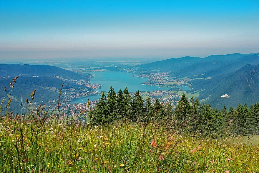 tegernsee, Vokietija, pievos, kalvos viršūnė, viršutinė bavarija, kraštovaizdį, pobūdį, kalnai, panorama, kalnas, vasara