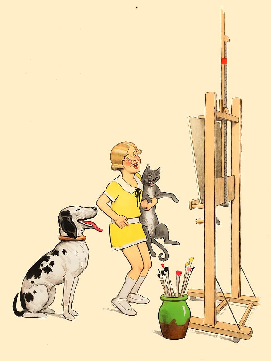 lukisan, kuda-kuda, homeschooling, kucing, anjing, gadis, seni, karya seni, belajar, pengajaran, tertawa