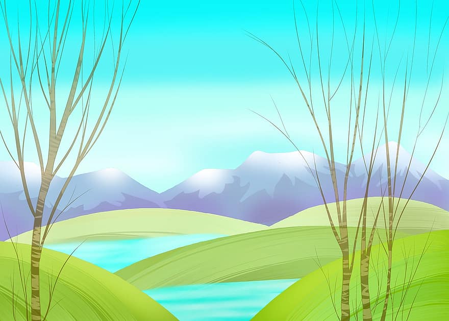 pavasarī, ainavu, kalni, ilustrācija, vektoru, raksturs, jomā, zaļa, pļava, debesis, ezers