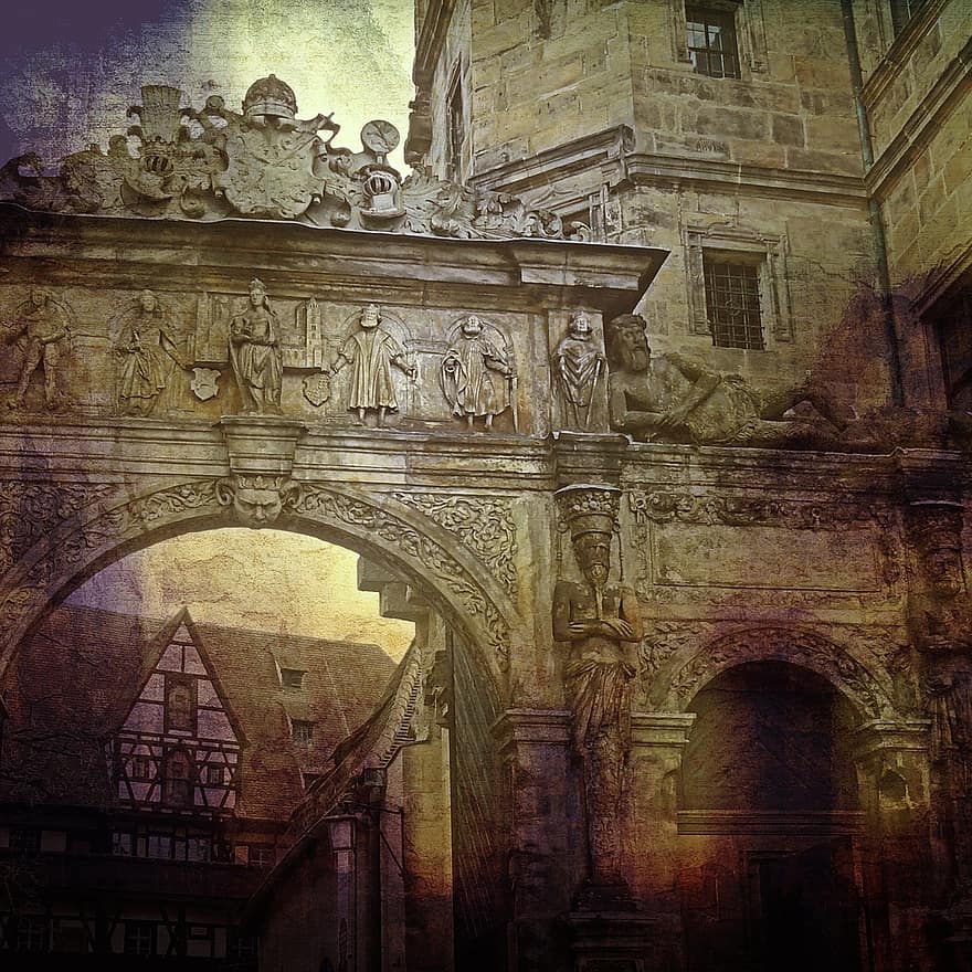 Bamberg, arco, entrada, historicamente, fachada, construção, arquitetura, parede, escultura em pedra, escultor, escultura