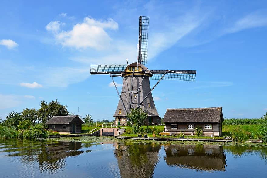 Холандия, вятърна мелница, езеро, околност, река, сгради, къщи, природа, вода, Мурин, селска сцена