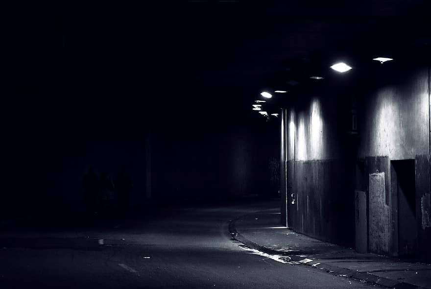 tunnel, route, foncé, noir et blanc, rue