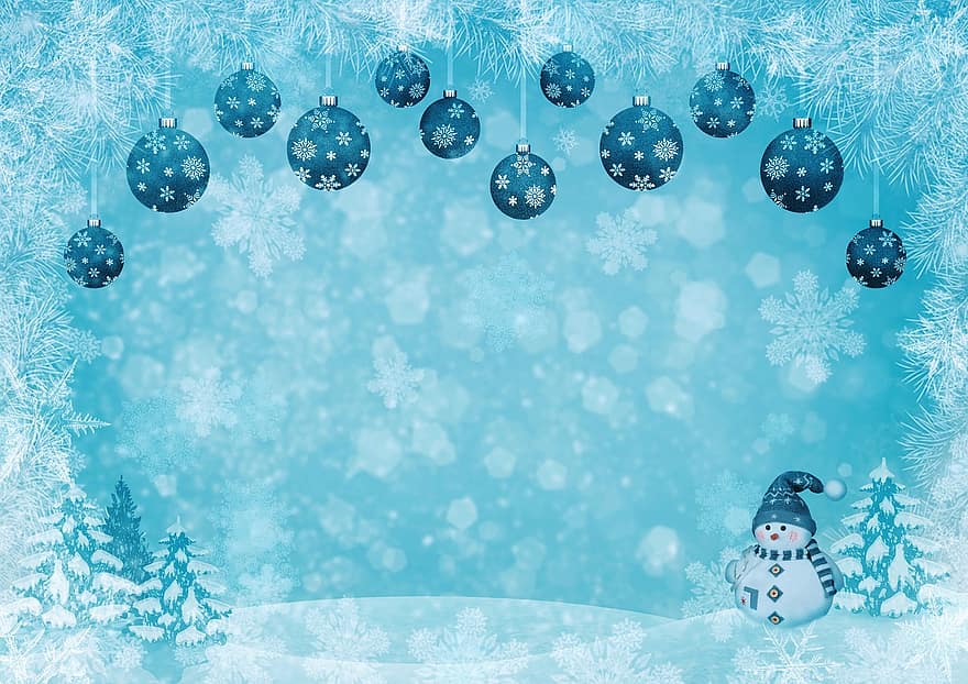 Weihnachtsmotiv, Weihnachtskarte, Schneemann, Schneelandschaft, Weihnachten, Tannen, winterlich, Schnee, Bälle, christbaumkugeln, Süss