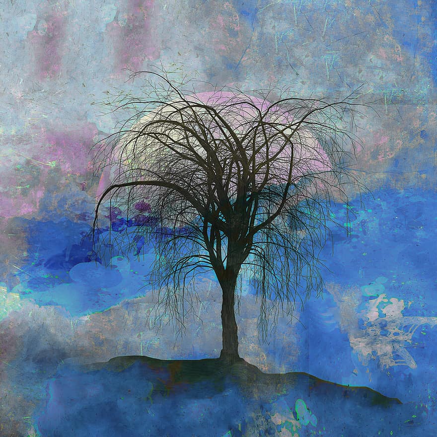 дерево, Луна, небо, акварель, картина, произведение искусства, силуэт, синий, мирное, мистический, фантастика