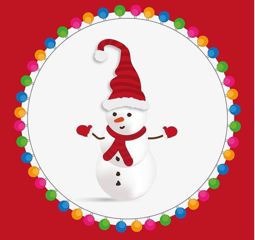 pupazzo di neve, Natale, inverno, Babbo Natale, la neve, ghirlanda, luci fatate, decorazione, sfondo, illustrazione, celebrazione