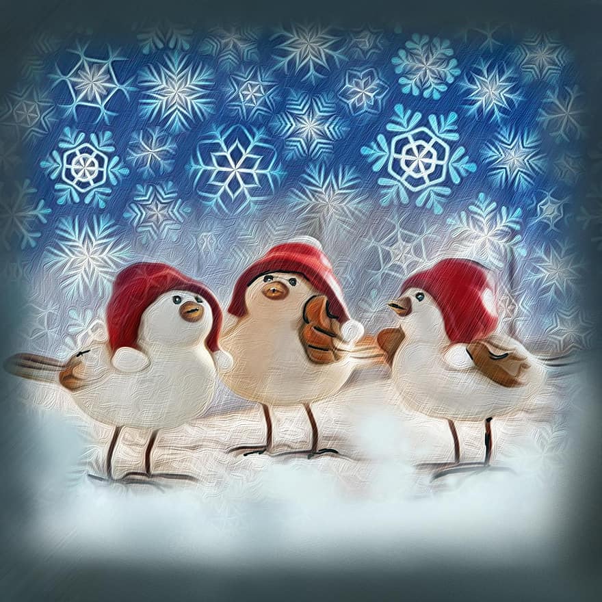 рождество, птицы, Рождественская открытка, праздничные дни, синий, смешной, снег, творческий, зима, шапка, дизайн