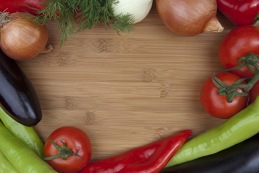 Gemüse, Schneidbrett, Rand, Hintergrund, Rahmen, Lebensmittel, Zwiebel, Chili-Pfeffer, Tomate, Aubergine, Dill