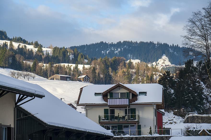 Zwitserland, winter, stad-, huis, sneeuw, seizoen, berg-, landschap, Bos, huisje, ijs-