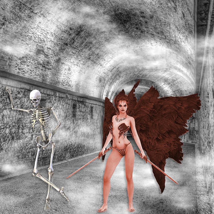 moteris, karys, sparnas, komponavimas, Mirties angelas, skeletas, Atkaklus, herojė, „Amazon“, fantazija, tunelis