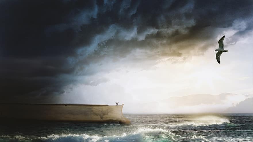 Arche Noah, Meer, Möwe, Schiff, Arche, Noah, biblisch, Wellen, Sturm, Wolken, Mann