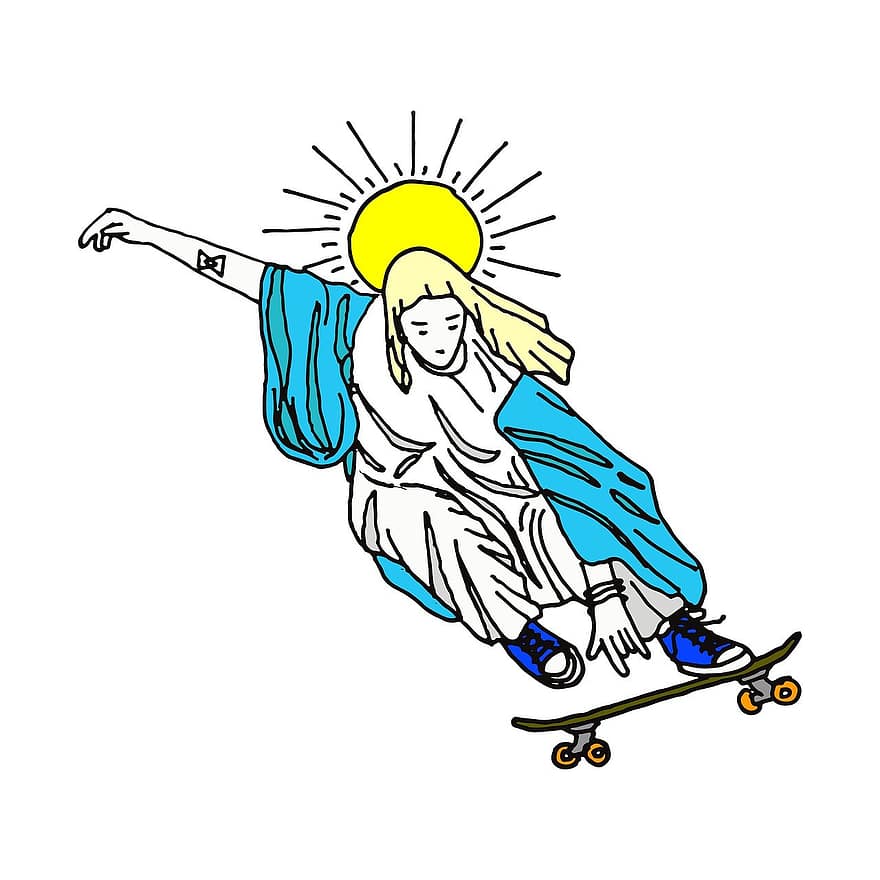 Мэри, Иисус, кататься на коньках, Рисование, иллюстрация, вектор, мультфильм, люди, веселье, мальчиков, спорт