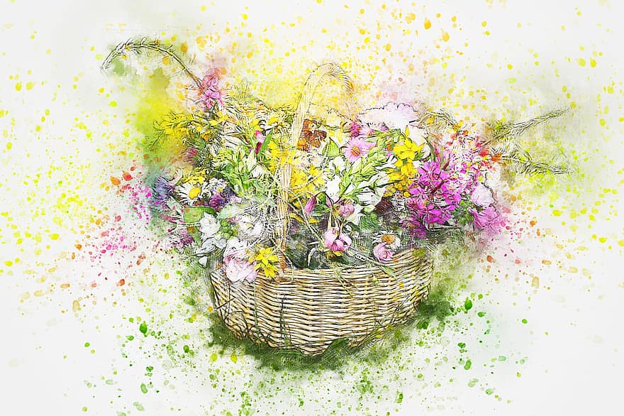 Flowers, Bouquet, Basket, Art, Nature, Wedding, Watercolor, Vintage, Abstract, Summer, Romantic