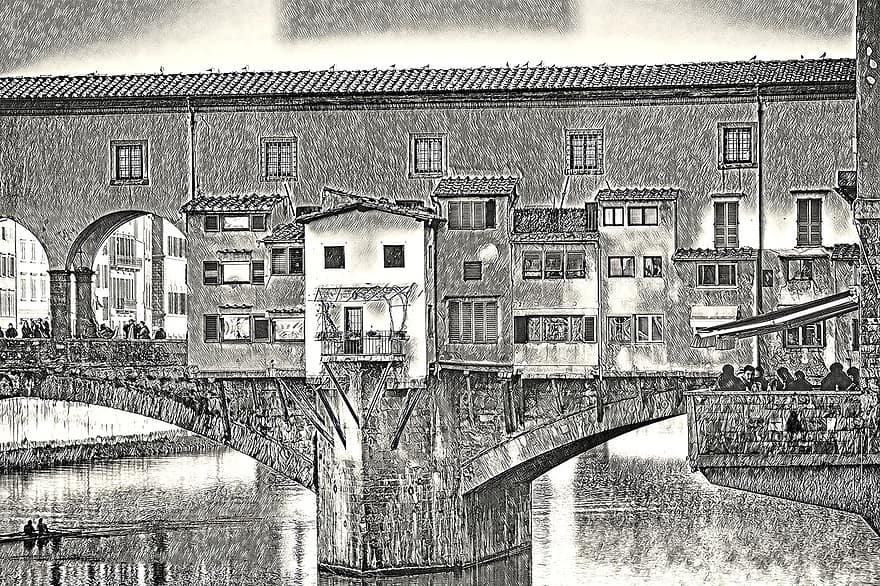 Florencija, Toskanoje, tiltas, upė, kraštovaizdį, architektūra, juoda ir balta, senas, istorija, žinoma vieta, miesto vaizdą