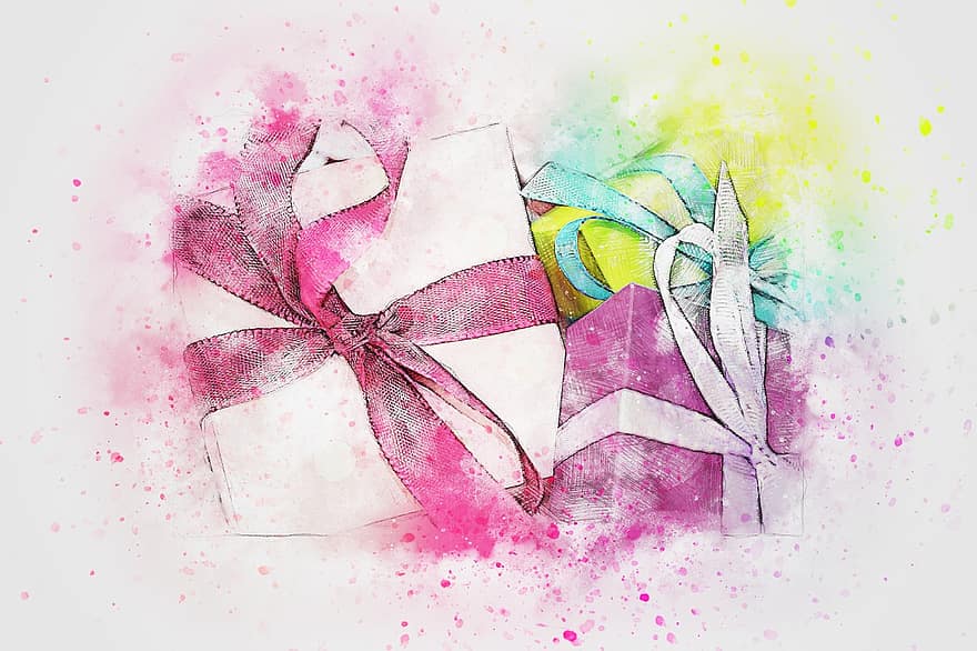 Gifts, Packets, Party, Art, Abstract, Watercolor, Vintage, T-shirt, Artistic, Design, Aquarelle