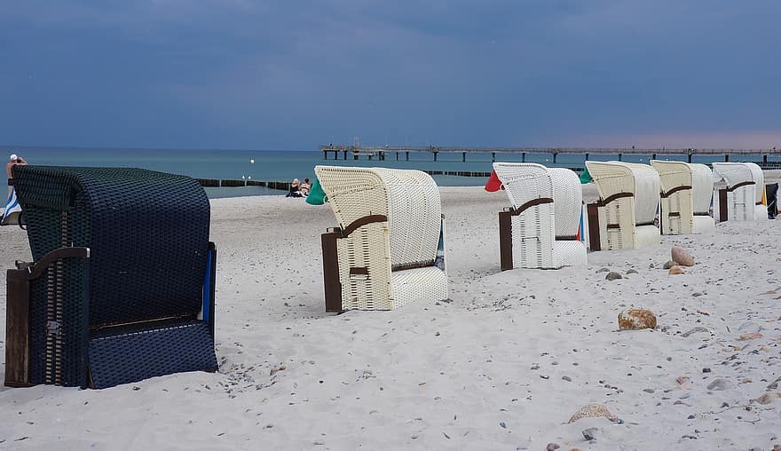 plaża, siedzenia, leżaki plażowe, na dworze