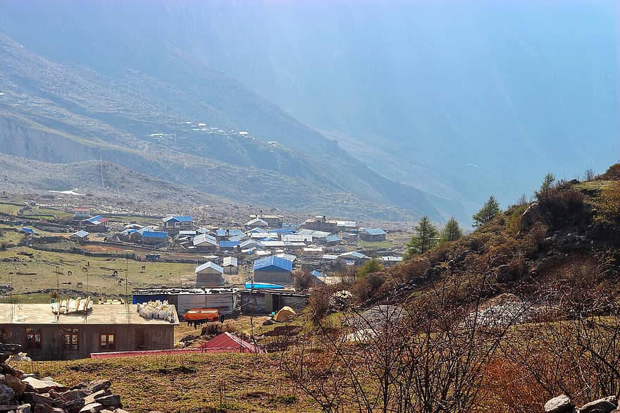 χωριό, κοιλάδα, βουνά, σπίτια, πόλη, ομίχλη, εξοχή, τοπίο, Nepal, langtang, Κυάντζιν