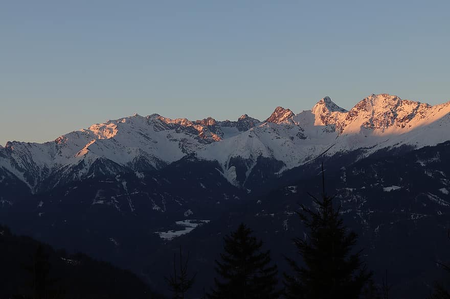 vuori, auringonlasku, Itävalta, lumi, talvi-, Alpit, auringonpaiste, maisema, vuorenhuippu, vuorijono, jää
