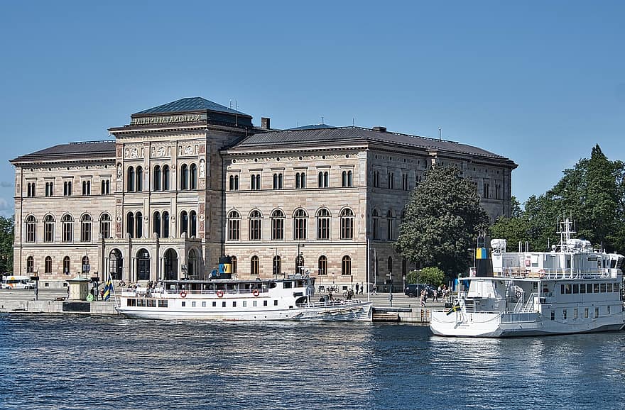 国立博物館、ストックホルム、港、船、ボート、建物、ファサード、歴史的な、ランドマーク、国立美術館、スウェーデン