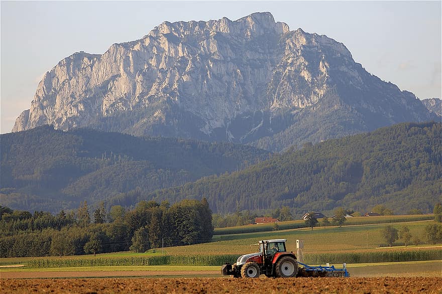 traktör, tarım, Tarım makineleri, iş makinası, Tarım mühendisliği, Ziraat Ekonomisi, ekilebilir arazi, saha çalışması, Traunstein, Salzkammergut, Alp eteklerinde