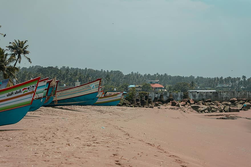 παραλία, βάρκες, ακτή, θiruvananthapuram, trivandrum, κεράλα, Ινδία, Λιμάνι Vizhinjam, Παραλία Κεράλα, άμμος, φοίνικες