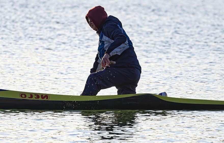 homme, bateau, Lac, kayak, aviron, des sports, eau, activité, Hommes, rame, sport