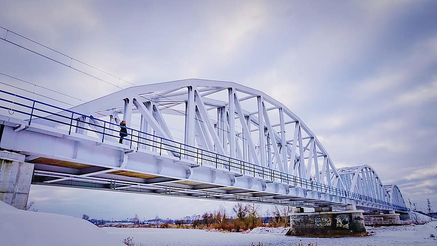 vasúti híd, téli, hó, folyó, fagyasztott folyó, híd, vasúti, korlát, fagy, jég, fagyott