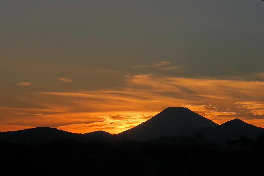 monter, Fuji, le coucher du soleil, Japon, les montagnes