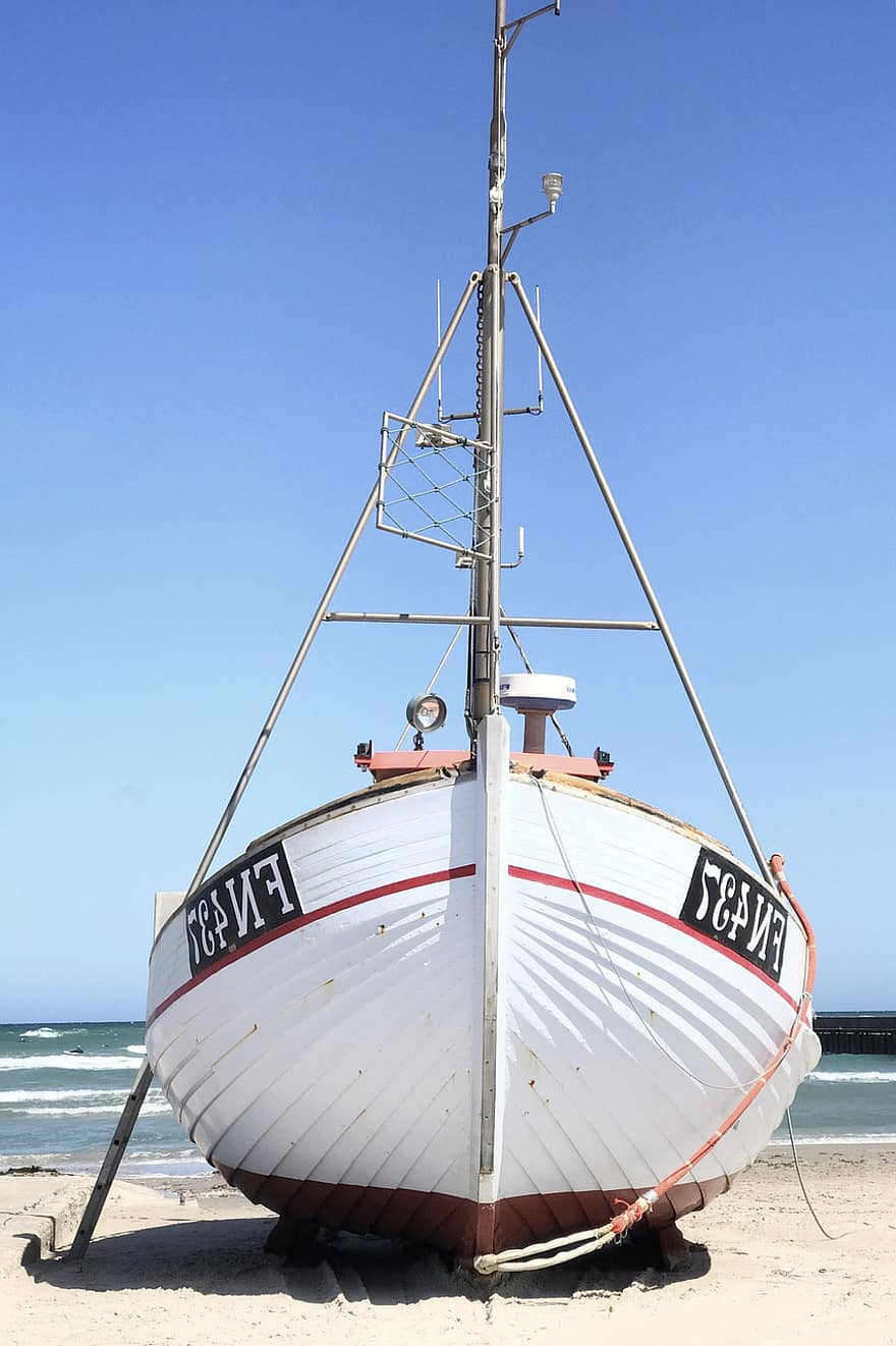 boot, vissersboot, kust, zand, houten boot, mast, traditioneel, strand, zee, Noordzee, Denemarken
