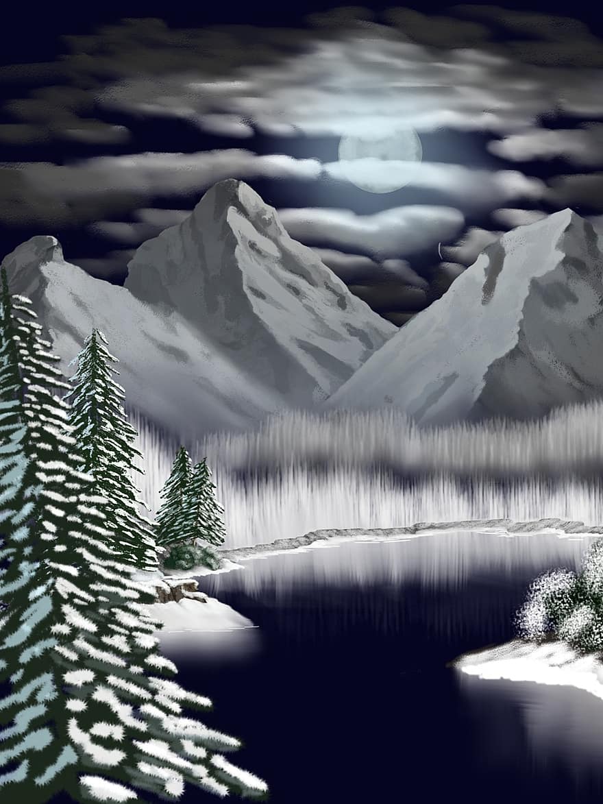 maleri, vinter, fuldmåne, nat, natur, kunstnerisk, sne, gråmåne, Grå nat, Grå maleri, Grå maling