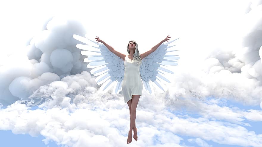 фон, ангел, хмари, небо, релігія, віра, жінка, самка, цифрове мистецтво, летить, жінки