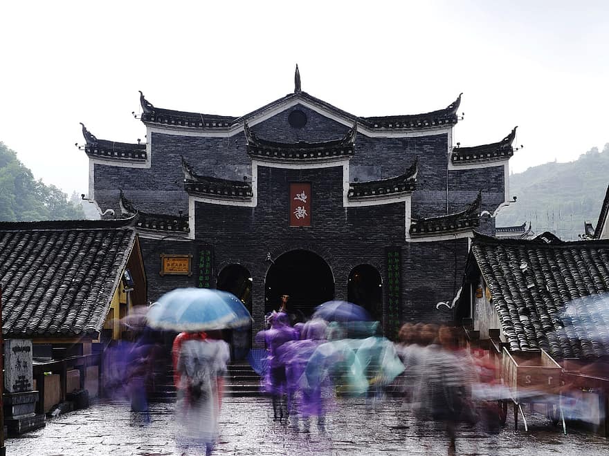 туристів, храм, дощовий, парасолька
