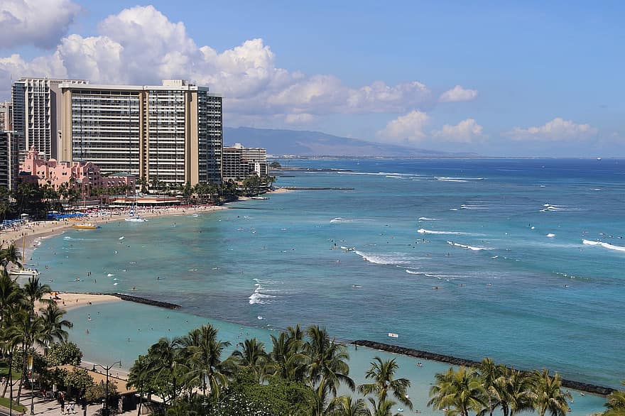 plaża, waikiki, ocean, Honolulu, Hawaje