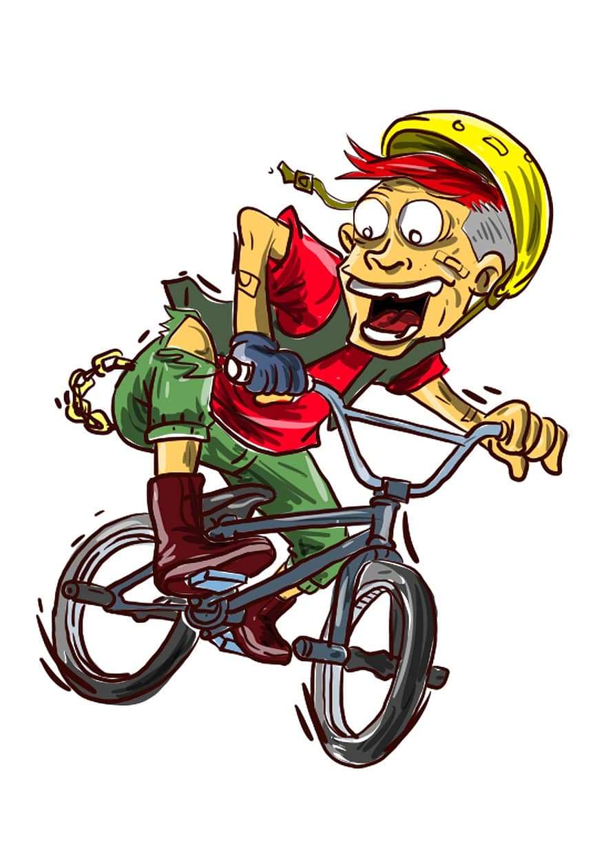 cykel, bmx, stil, karaktär, tecknad serie, linjekonst, cykling, illustration, vektor, roligt, sport