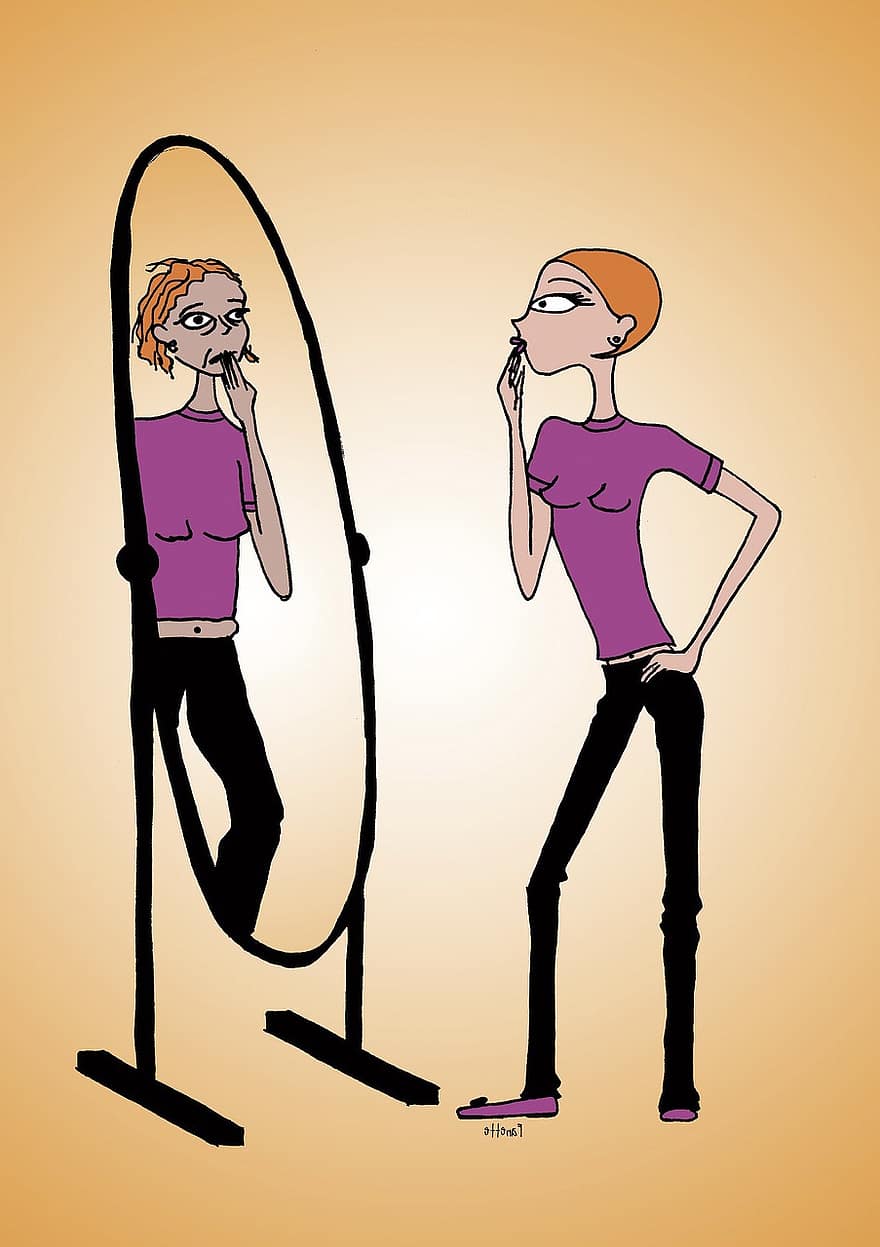 spiegel, ijs-, beeld, depressie, jonge vrouw, terneergeslagen