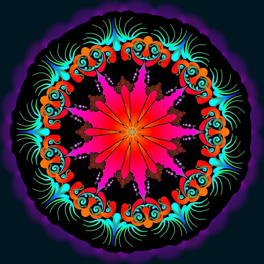 Ornament, Kreis, runden, Farbe, hell, rot, Blau, Türkis, Digital, Filigran, Mandala