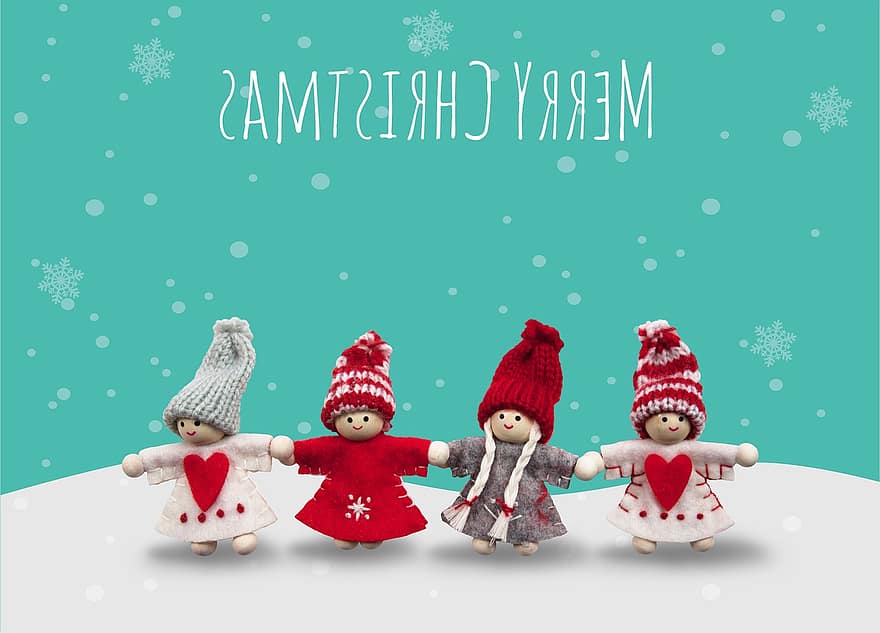 Weihnachten, Engel, Winter, Handarbeit, gestrickt, Herz, Schneefall, Schnee, Weihnachtskarte, Postkarte, Grußkarte