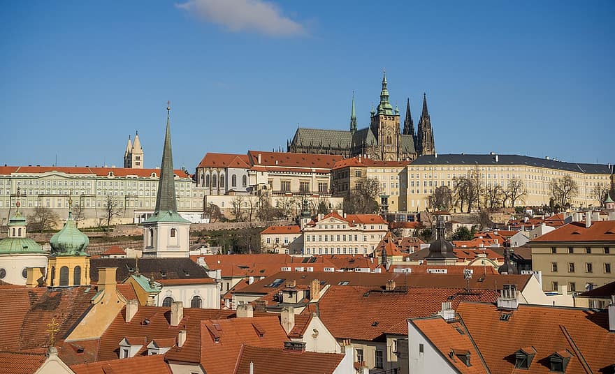 Prāga, st vitus katedrāle, katedrāle, Prāgas pils, Čehu Republika, eiropa, galvaspilsēta, slavenā vieta, arhitektūra, jumts, pilsētas ainava