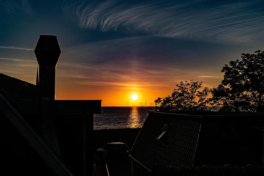 puesta de sol, Oceano, horizonte, noche, Hindelopes de Frisia, Holanda, Países Bajos