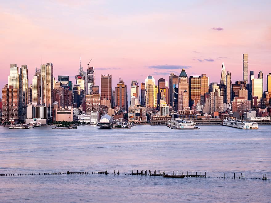 Hudson rivier, Manhattan, zonsondergang, stad, New York, horizon, nyc, Verenigde Staten, Verenigde Staten van Amerika, stadsgezicht, wolkenkrabber