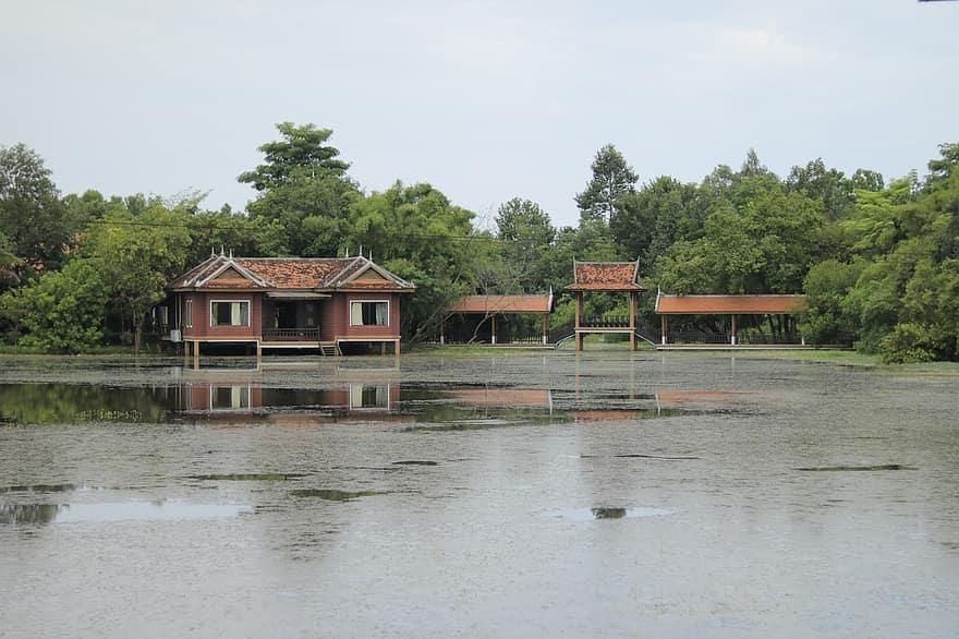 sjö, tillflykt, byggnad, bro, kambodja, khmer, Retreat Center, damm, natur