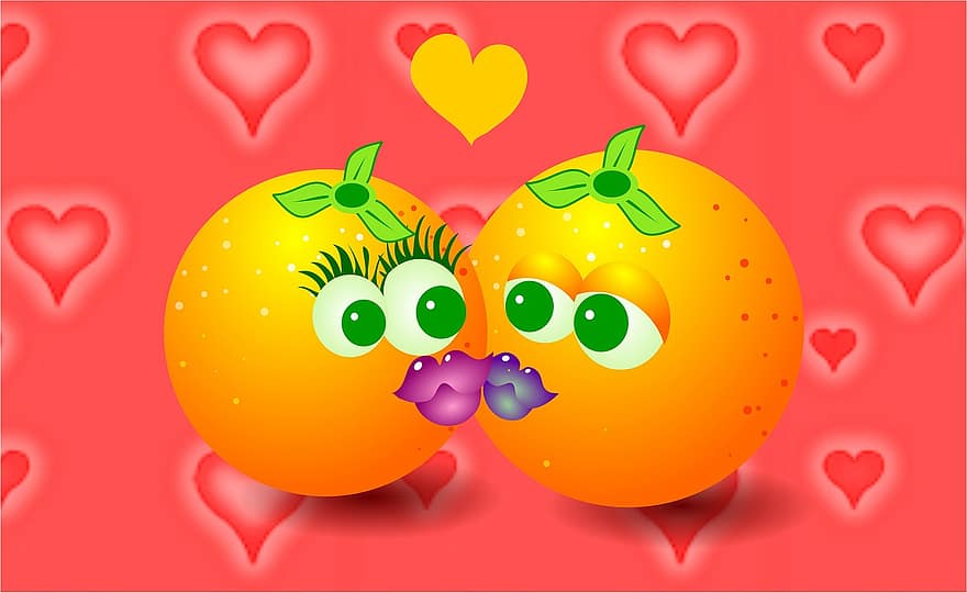 オレンジ、キッス、キス、愛、ロマンス、フルーツ、フルーティー、柑橘類、カップル、デート、式