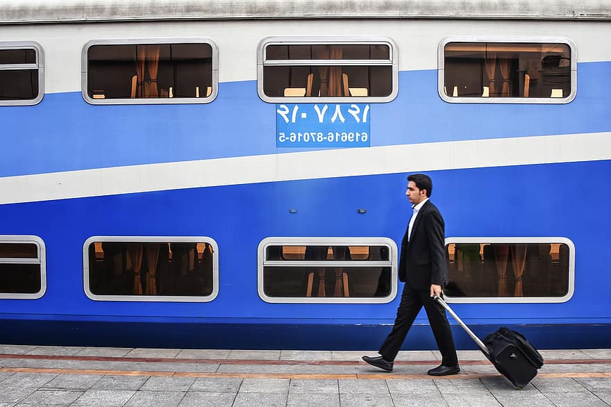 Férfi, vonat, utazó, vasúti, Irán, vasút, szállítás, vasútállomás