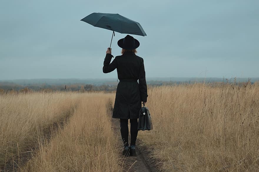 Woman, Mysterious, Traveler, Journey, Alone, Lonely, Sad, Female, Umbrella, Trail, Field